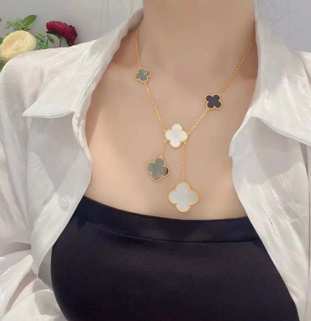 ¡®Loco¡¯CLOVER 6 MOTIF MOP ONYX GOLD NECKLACE