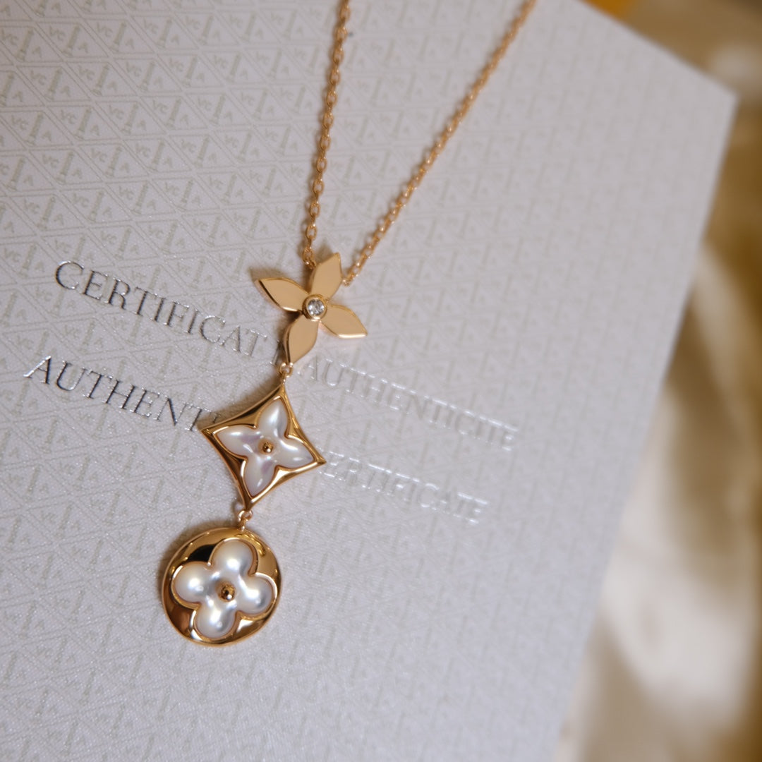 ¡®Loco¡¯COLOR BLOSSOM LARIAT NECKLACE PINK GOLD WHITE MOTHER PEARL AND DIAMOND
