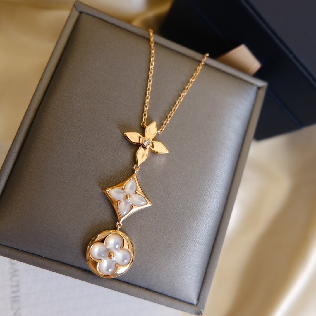 ¡®Loco¡¯COLOR BLOSSOM LARIAT NECKLACE PINK GOLD WHITE MOTHER PEARL AND DIAMOND