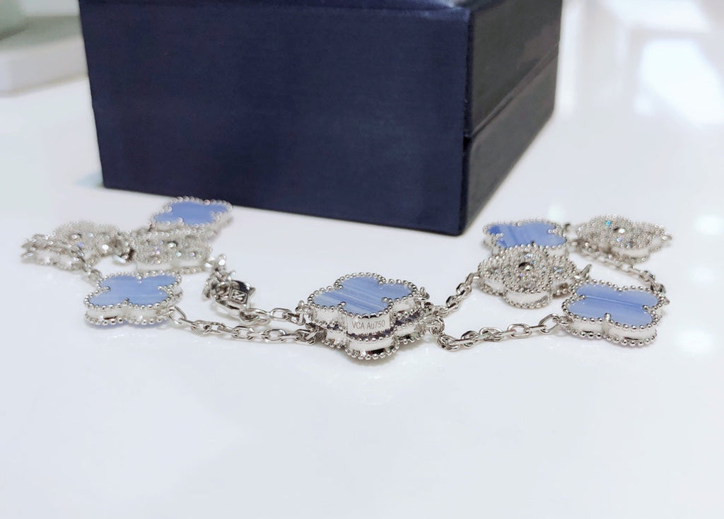 ¡®Loco¡¯CLOVER 10 MOTIFS CHALCEDONY DIAMONDS SILVER NECKLACE